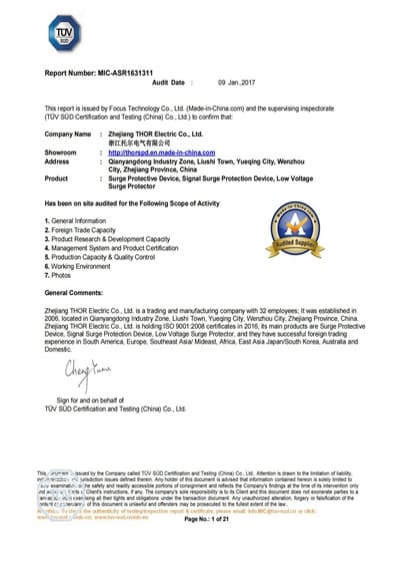 2017 THOR TUV Plant field certification