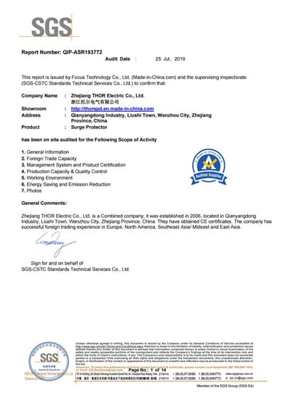2019 THOR SGS Plant field certification