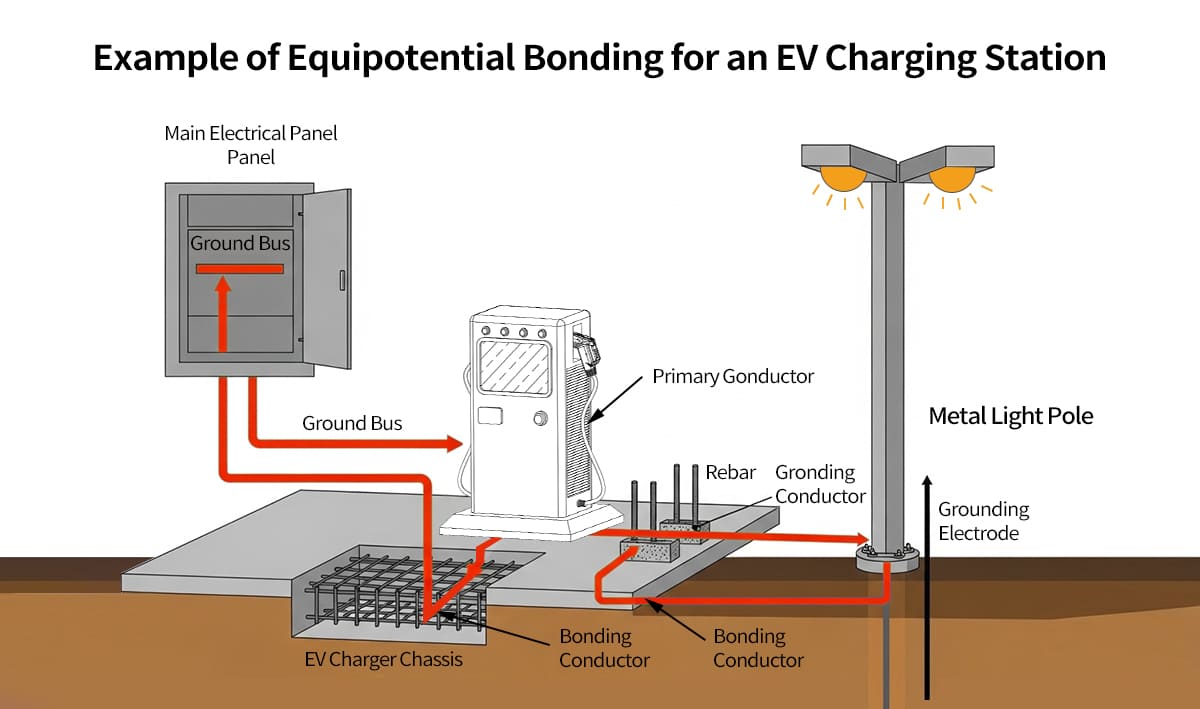 EV charger grounding configuration with equipotential bonding