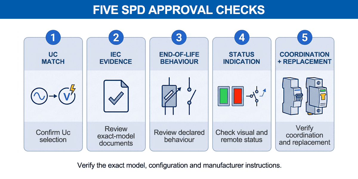 SPD thermal disconnector buyer checklist for Uc, IEC evidence, indication and coordination